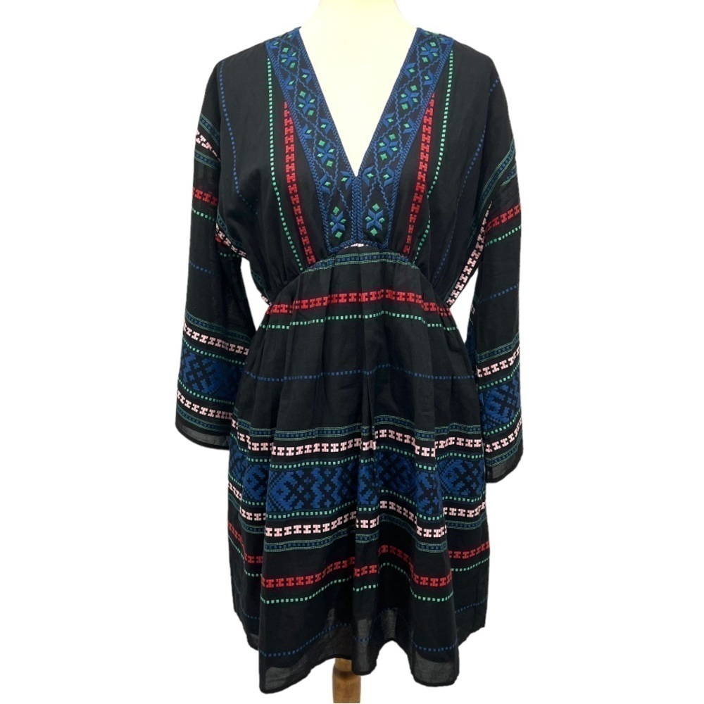 Joie Shada Black Embroidered V Neck Kimono Sleeve Cotton Boho Dress Women Large - Picture 5 of 14